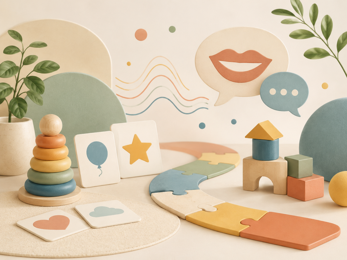 Stilisierte Illustration mit Holzspielzeug (Stapelringe, Bauklötze, Puzzle), Bildkarten mit Ballon, Stern, Herz und Wolke, Sprechblasen mit einem Lächeln und Punkten, Schallwellen und sanften Blattmotiven — Symbolwelt für kindliche Sprachförderung in Pastellfarben.