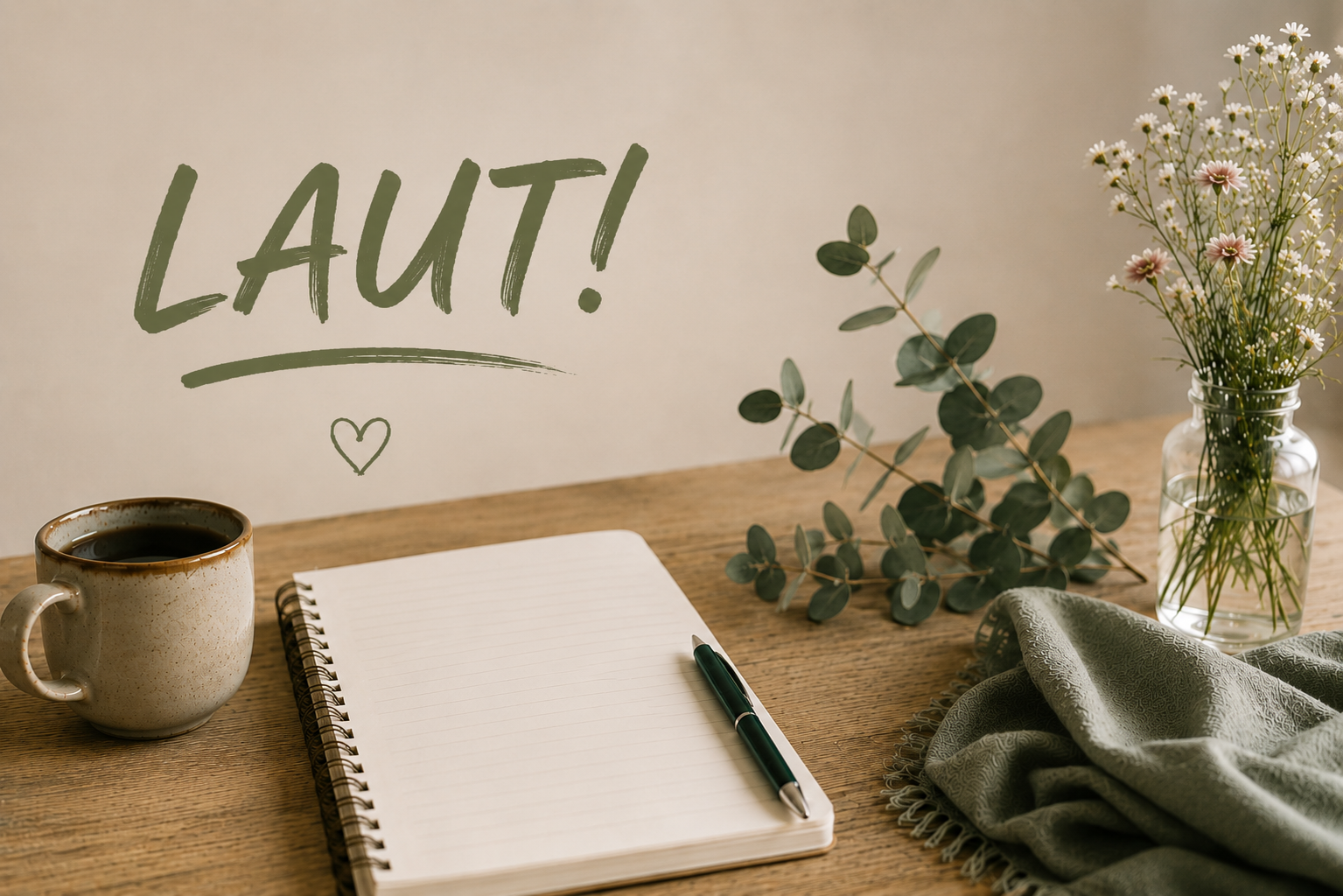 Pinselgemaltes Wort „LAUT!" auf cremfarbener Wand, davor Notizbuch, Kaffeebecher und Eukalyptus auf Holztisch.