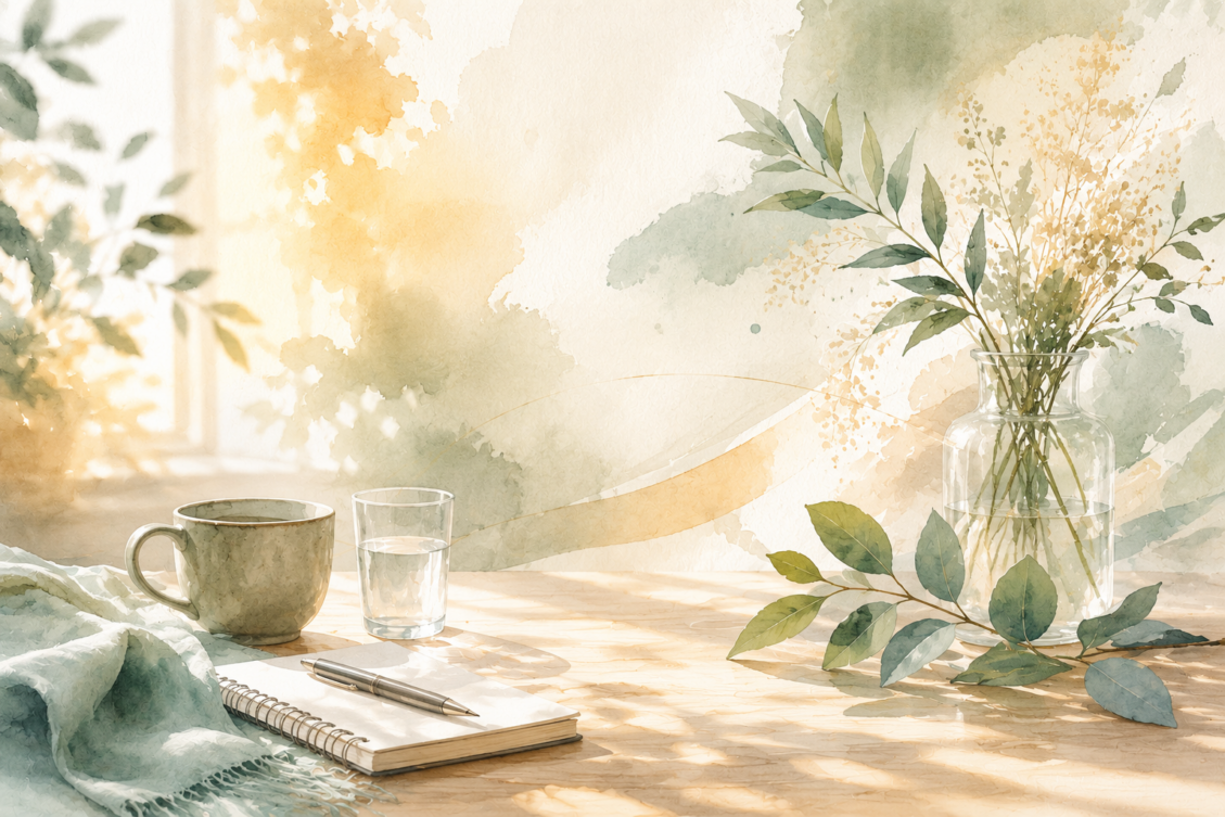Aquarell: Tasse, Wasserglas und aufgeschlagenes Notizbuch mit Stift auf einem hellen Holztisch. Daneben ein zarter Eukalyptus-Zweig in einer Glasvase, im Hintergrund weiches Fensterlicht.