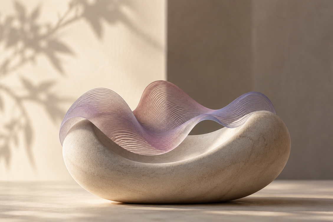 Skulpturale Darstellung: eine helle Sandstein-Schale mit einer geschwungenen, lichtdurchlässigen Welle in zartem Lila-Rosa darüber. Auf hellem Holztisch vor cremfarbener Wand, sanftes Sonnenlicht mit Blattschatten.